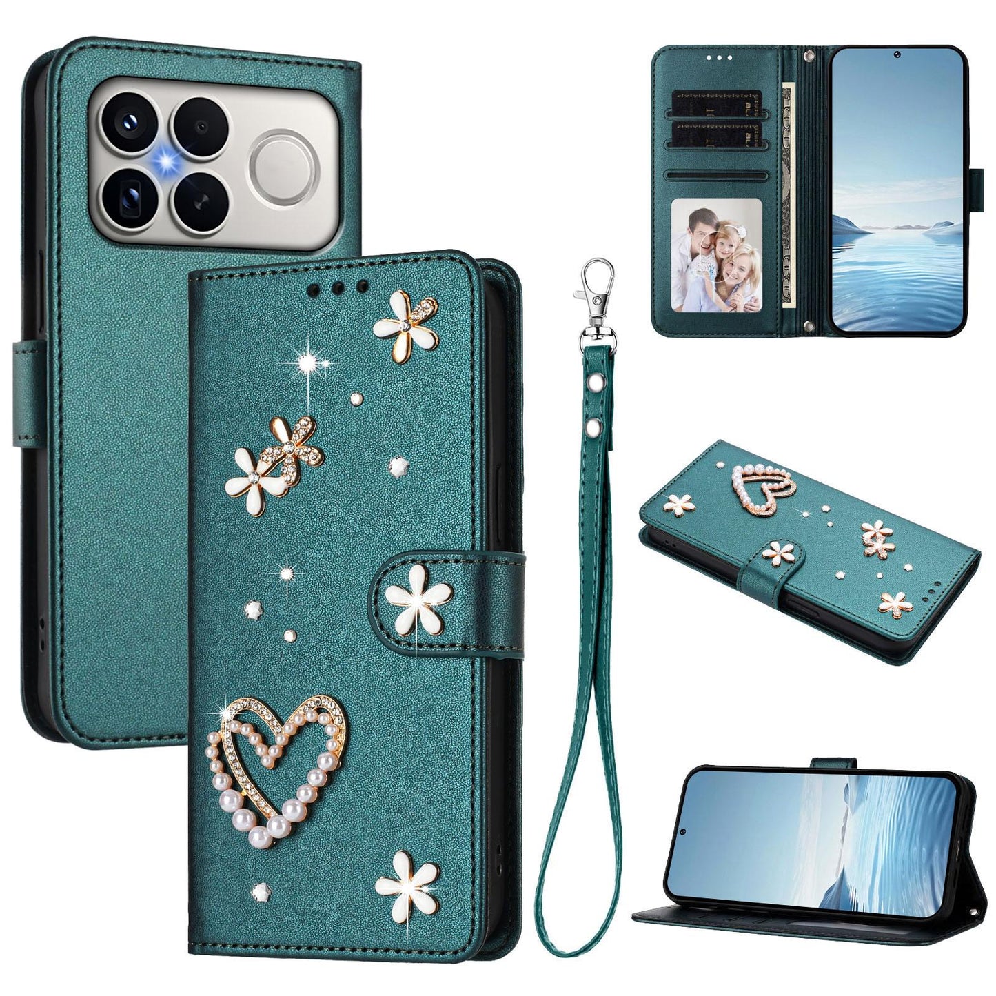 For Xiaomi Poco F8 Ultra / Redmi K90 Pro Max ZS01 Double-Layer Heart Floral Vegan Leather Phone Case with Wrist Strap(Peacock Green)