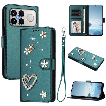 For Xiaomi Poco F8 Ultra / Redmi K90 Pro Max ZS01 Double-Layer Heart Floral Vegan Leather Phone Case with Wrist Strap(Peacock Green)