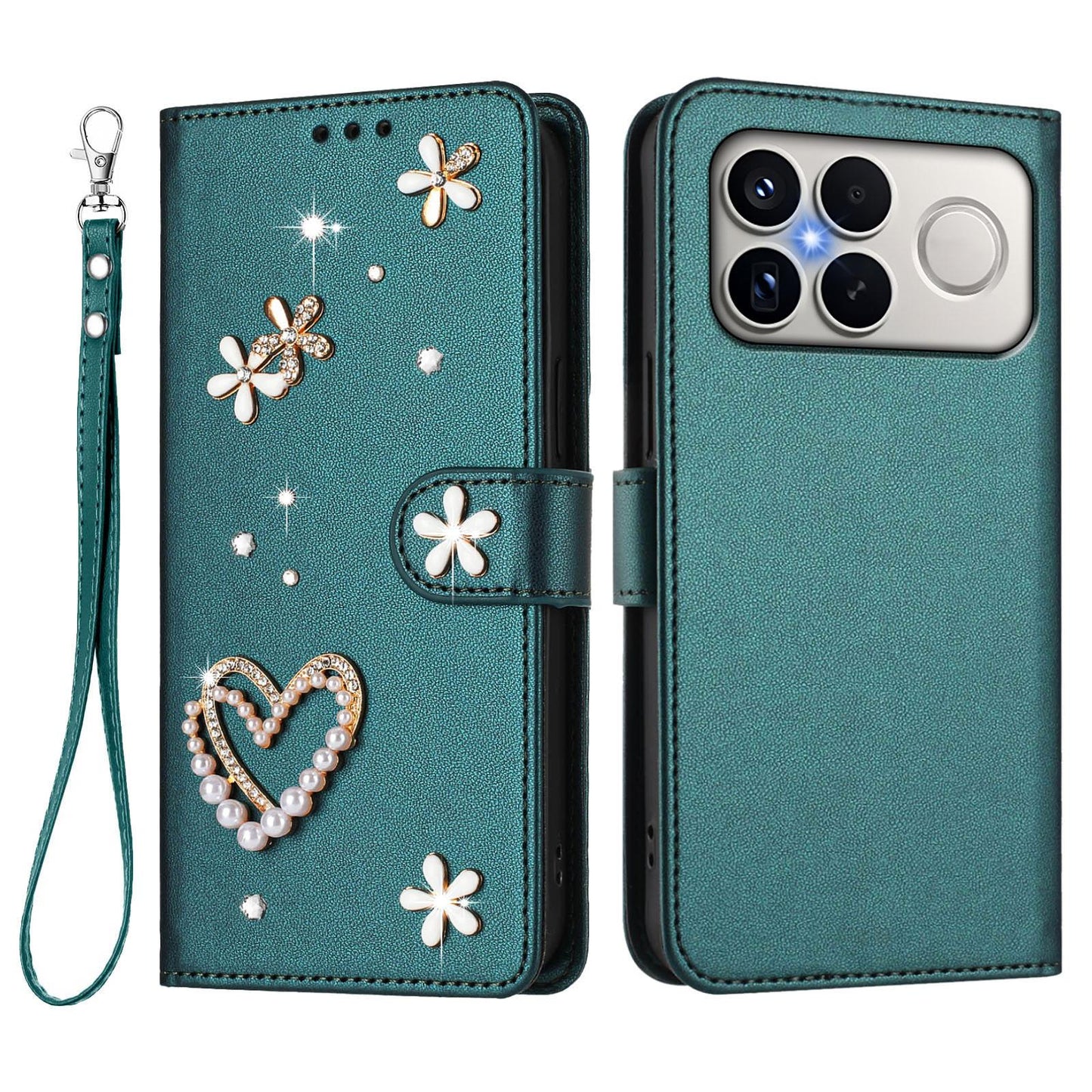 For Xiaomi Poco F8 Ultra / Redmi K90 Pro Max ZS01 Double-Layer Heart Floral Vegan Leather Phone Case with Wrist Strap(Peacock Green)