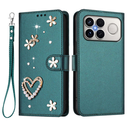 For Xiaomi Poco F8 Ultra / Redmi K90 Pro Max ZS01 Double-Layer Heart Floral Vegan Leather Phone Case with Wrist Strap(Peacock Green)