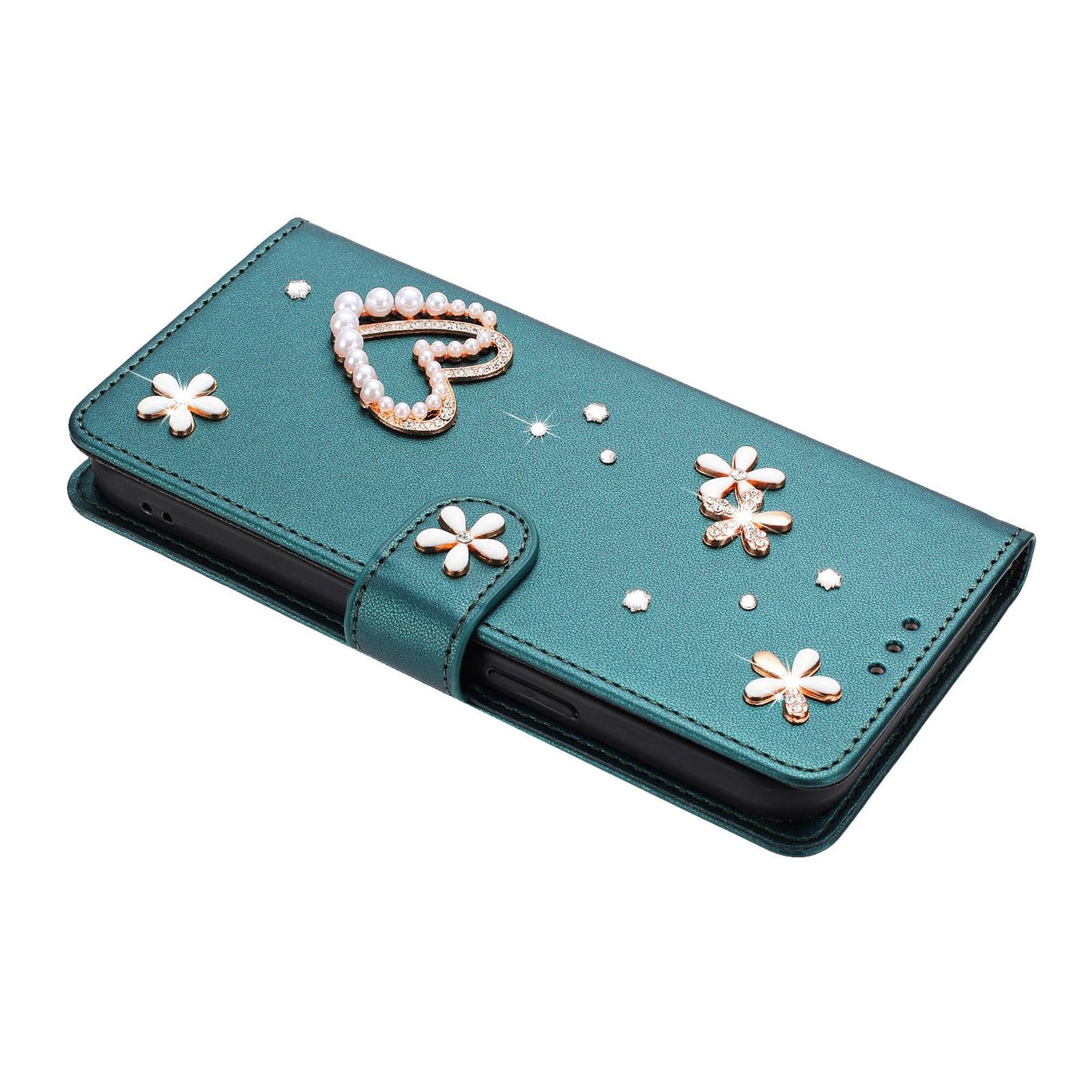 For Xiaomi Poco F8 Ultra / Redmi K90 Pro Max ZS01 Double-Layer Heart Floral Vegan Leather Phone Case with Wrist Strap(Peacock Green)