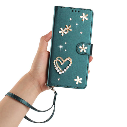 For Xiaomi Poco F8 Ultra / Redmi K90 Pro Max ZS01 Double-Layer Heart Floral Vegan Leather Phone Case with Wrist Strap(Peacock Green)