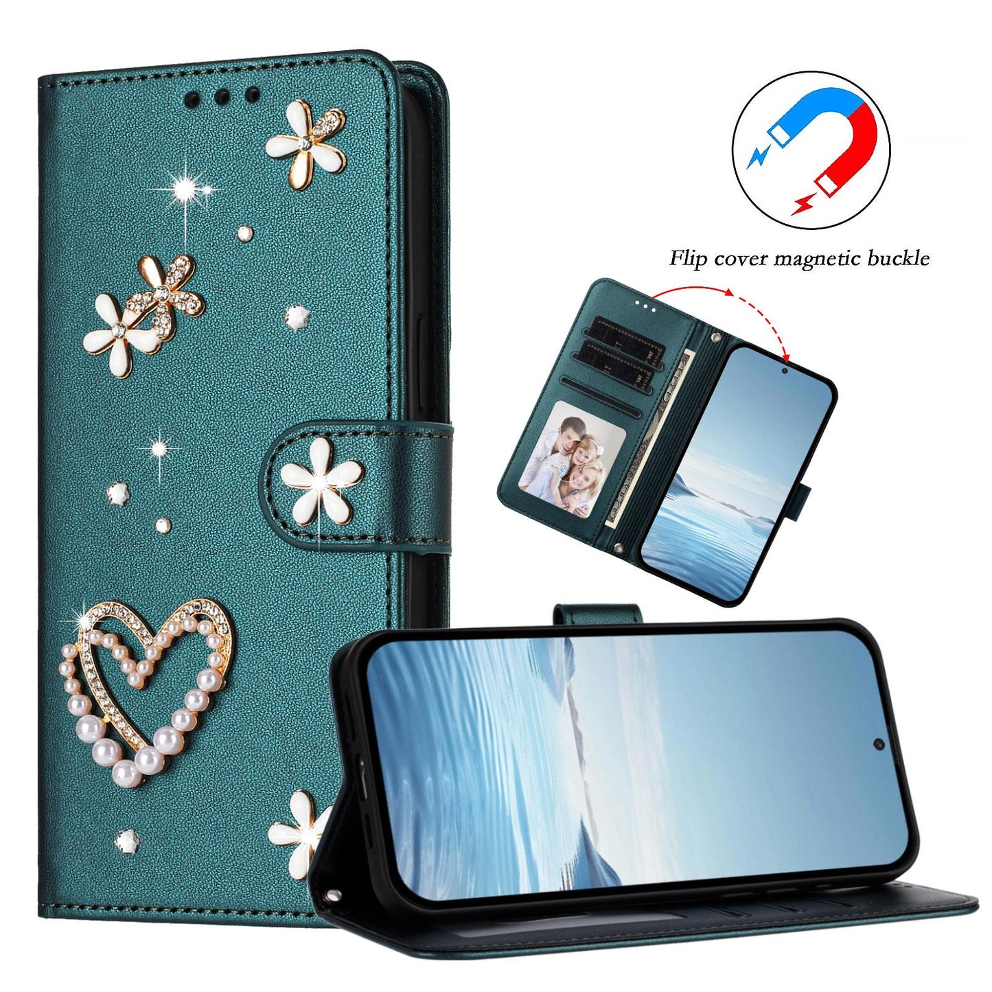 For Xiaomi Poco F8 Ultra / Redmi K90 Pro Max ZS01 Double-Layer Heart Floral Vegan Leather Phone Case with Wrist Strap(Peacock Green)