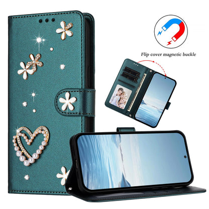 For Xiaomi Poco F8 Ultra / Redmi K90 Pro Max ZS01 Double-Layer Heart Floral Vegan Leather Phone Case with Wrist Strap(Peacock Green)
