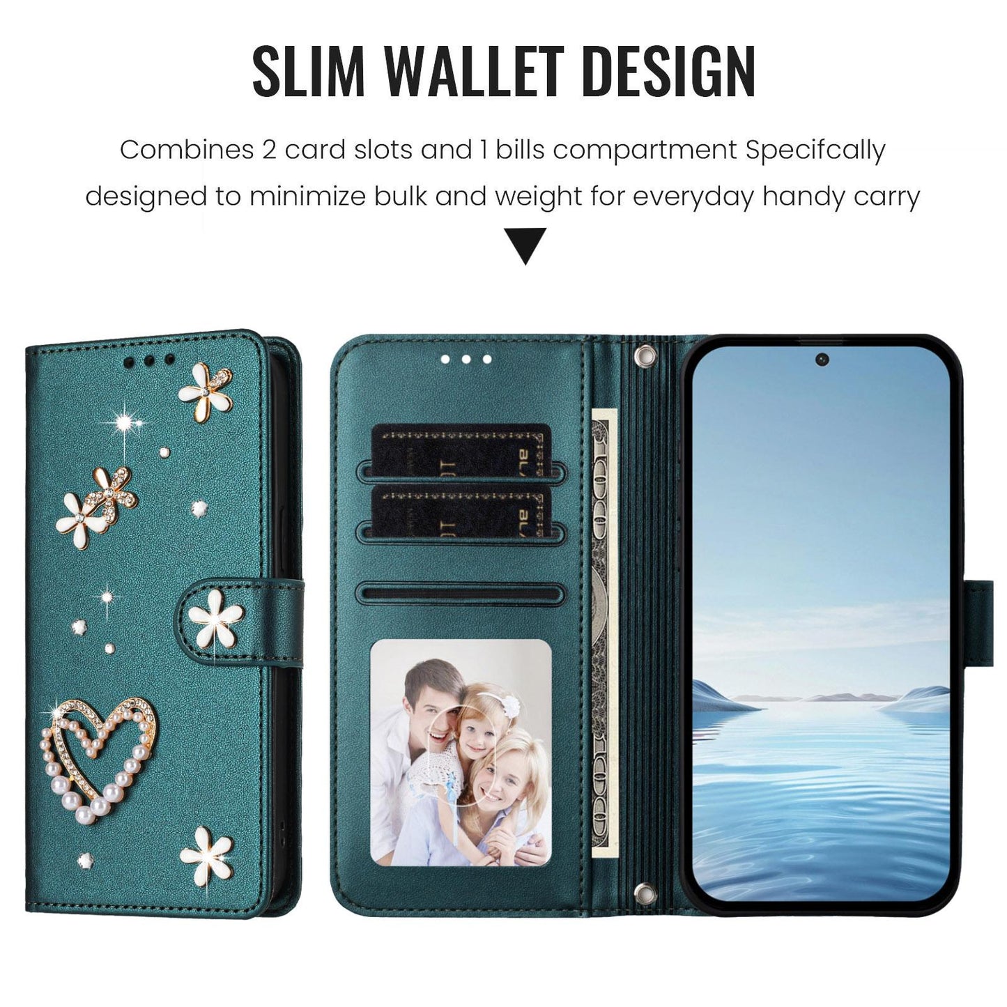 For Xiaomi Poco F8 Ultra / Redmi K90 Pro Max ZS01 Double-Layer Heart Floral Vegan Leather Phone Case with Wrist Strap(Peacock Green)