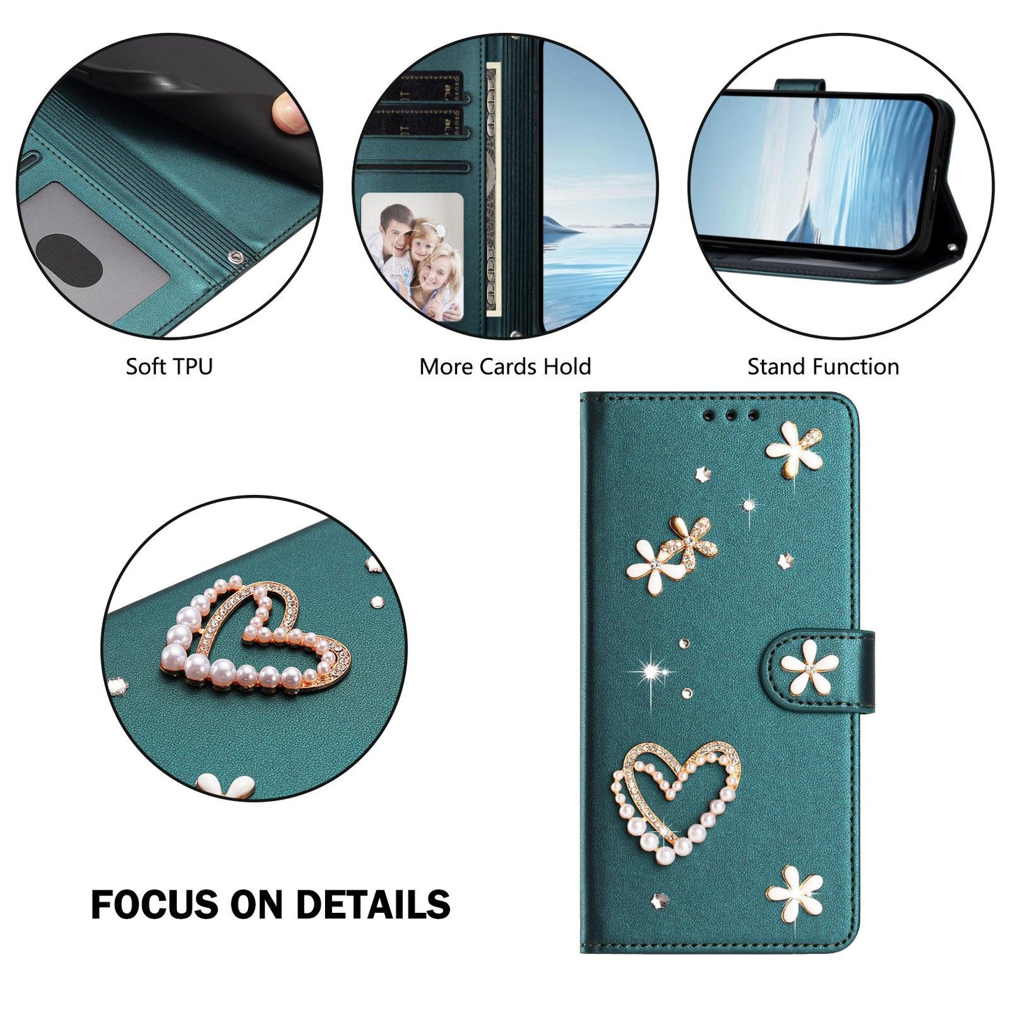 For Xiaomi Poco F8 Ultra / Redmi K90 Pro Max ZS01 Double-Layer Heart Floral Vegan Leather Phone Case with Wrist Strap(Peacock Green)