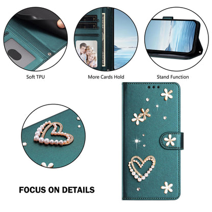 For Xiaomi Poco F8 Ultra / Redmi K90 Pro Max ZS01 Double-Layer Heart Floral Vegan Leather Phone Case with Wrist Strap(Peacock Green)