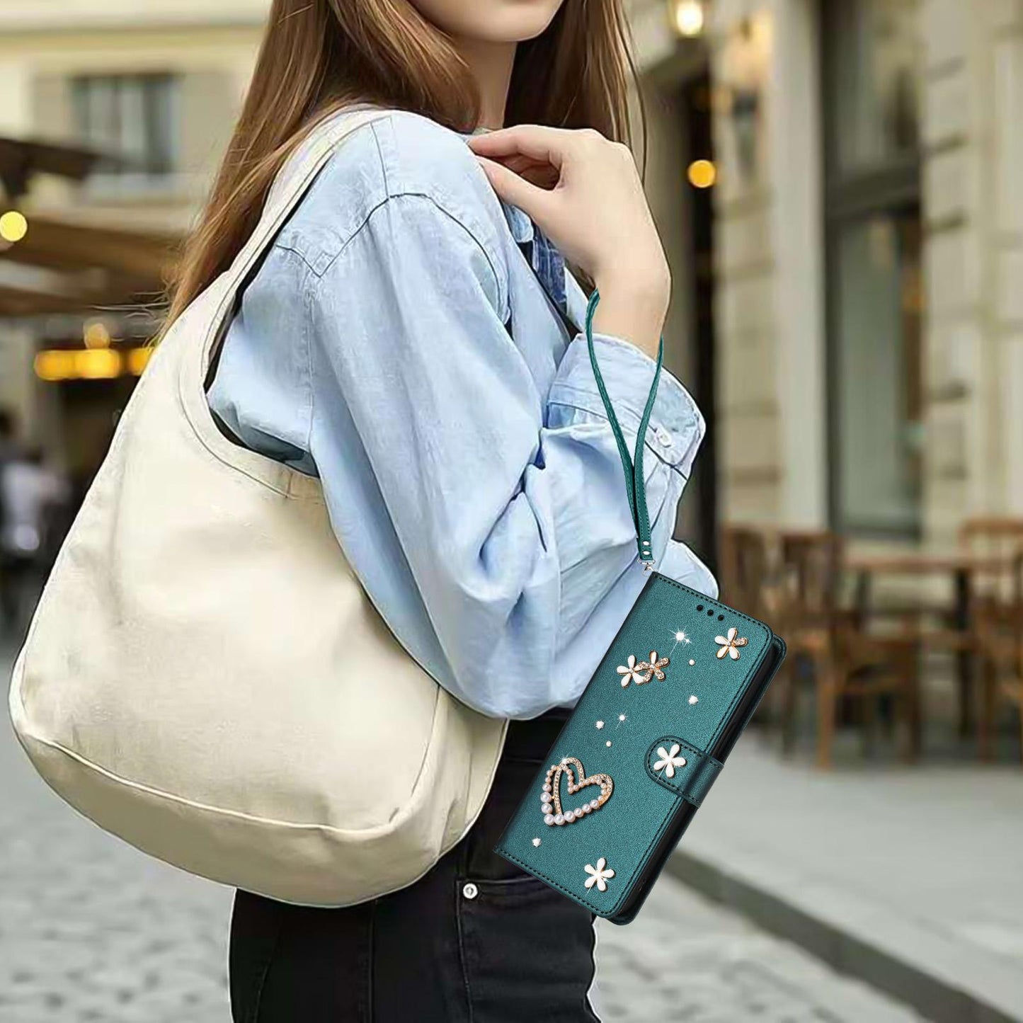 For Xiaomi Poco F8 Ultra / Redmi K90 Pro Max ZS01 Double-Layer Heart Floral Vegan Leather Phone Case with Wrist Strap(Peacock Green)
