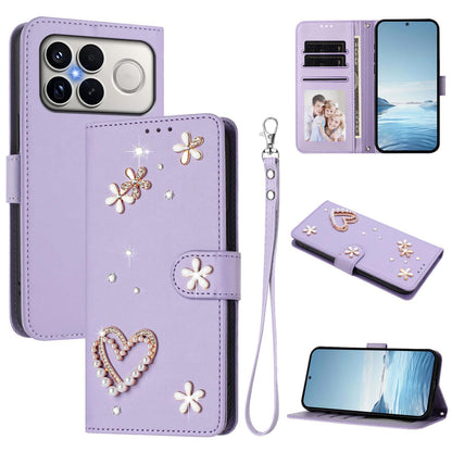 For Xiaomi Poco F8 Ultra / Redmi K90 Pro Max ZS01 Double-Layer Heart Floral Vegan Leather Phone Case with Wrist Strap(Light Purple)