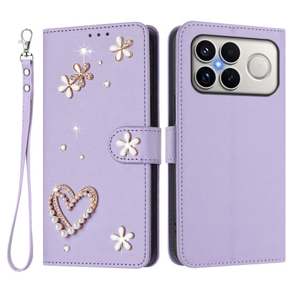 For Xiaomi Poco F8 Ultra / Redmi K90 Pro Max ZS01 Double-Layer Heart Floral Vegan Leather Phone Case with Wrist Strap(Light Purple)