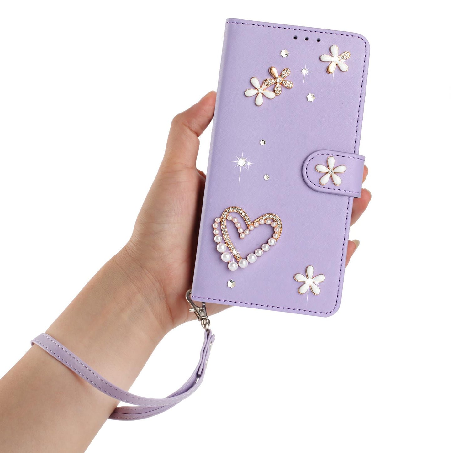 For Xiaomi Poco F8 Ultra / Redmi K90 Pro Max ZS01 Double-Layer Heart Floral Vegan Leather Phone Case with Wrist Strap(Light Purple)