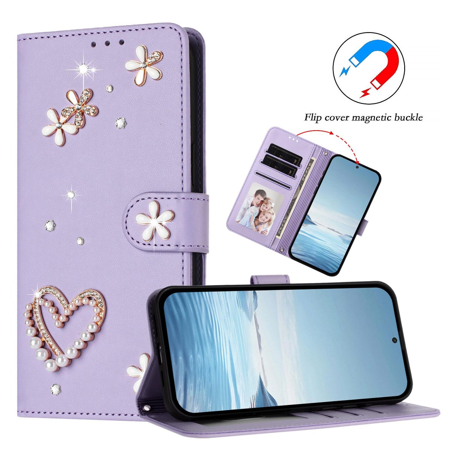 For Xiaomi Poco F8 Ultra / Redmi K90 Pro Max ZS01 Double-Layer Heart Floral Vegan Leather Phone Case with Wrist Strap(Light Purple)