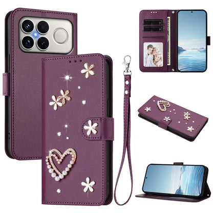 For Xiaomi Poco F8 Ultra / Redmi K90 Pro Max ZS01 Double-Layer Heart Floral Vegan Leather Phone Case with Wrist Strap(Violet)