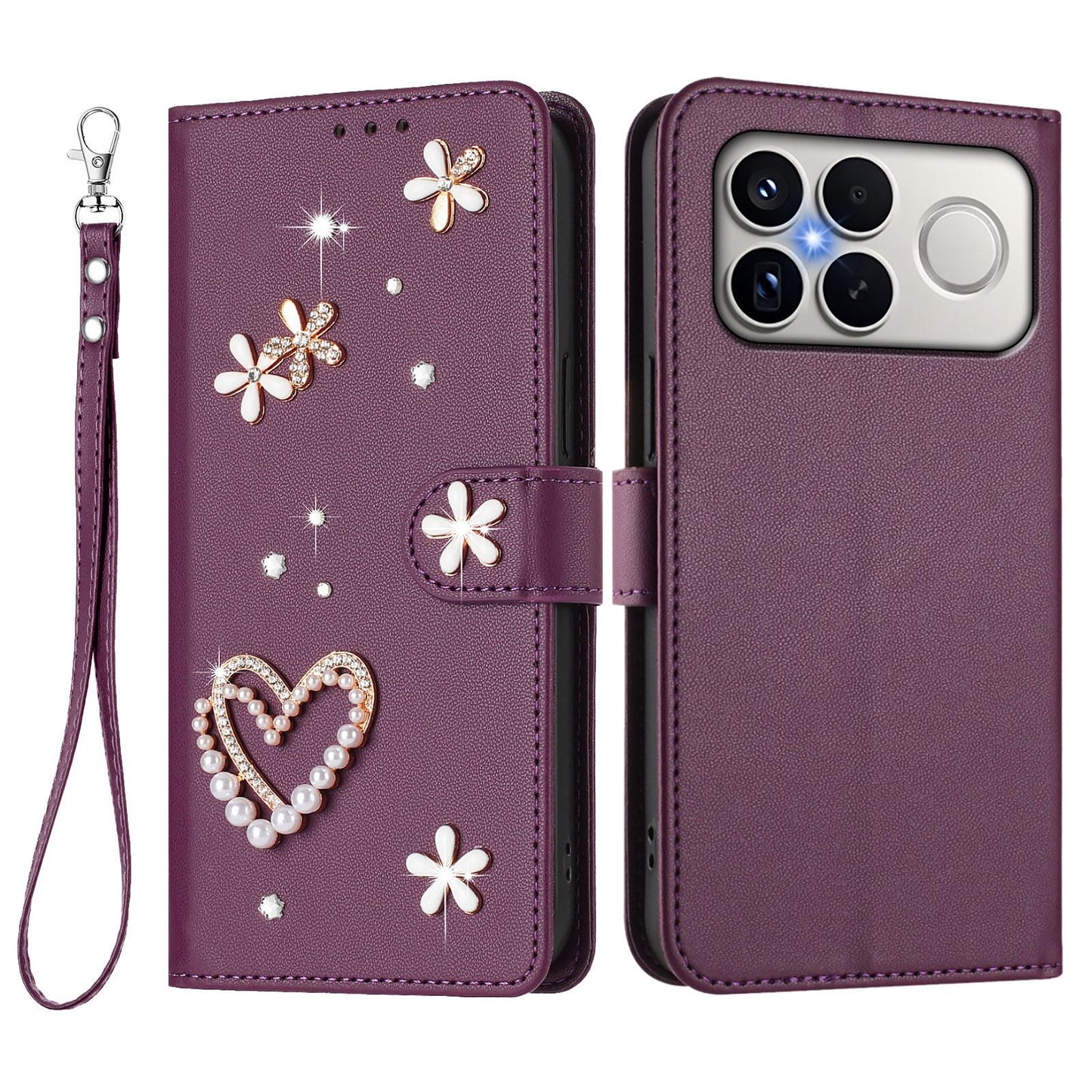 For Xiaomi Poco F8 Ultra / Redmi K90 Pro Max ZS01 Double-Layer Heart Floral Vegan Leather Phone Case with Wrist Strap(Violet)