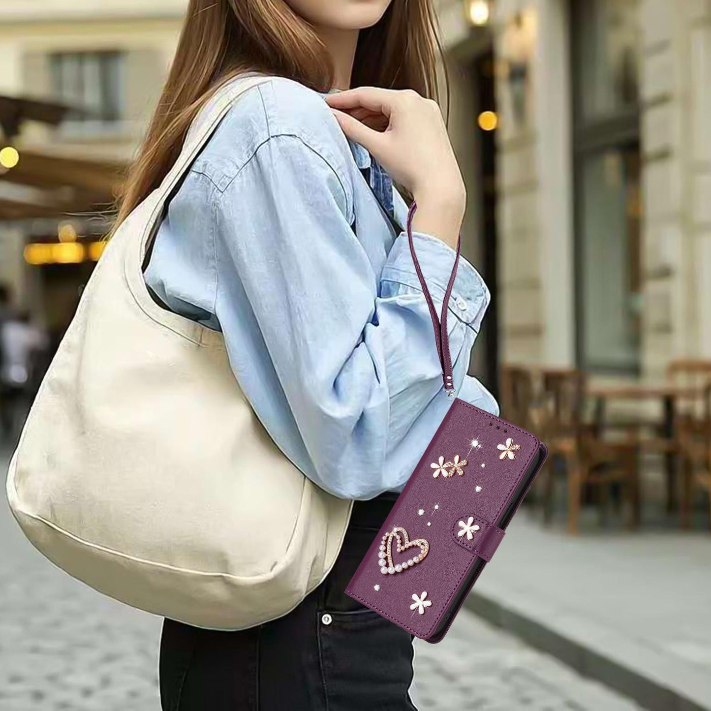 For Xiaomi Poco F8 Ultra / Redmi K90 Pro Max ZS01 Double-Layer Heart Floral Vegan Leather Phone Case with Wrist Strap(Violet)