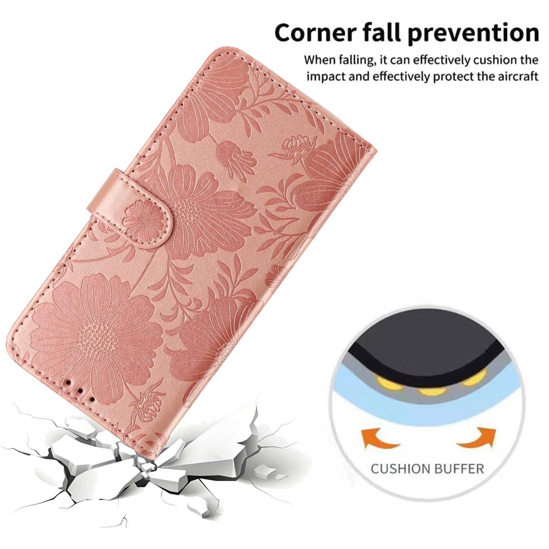 For iPhone 18 Pro Max Sunflower Embossed Vegan Leather Phone Case with Small Black Rope - Rose Gold - EDA009154125A