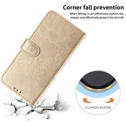For iPhone 18 Pro Max Sunflower Embossed Vegan Leather Phone Case with Small Black Rope - Gold - EDA009154125B