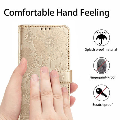 For iPhone 18 Pro Max Sunflower Embossed Vegan Leather Phone Case with Small Black Rope - Gold - EDA009154125B
