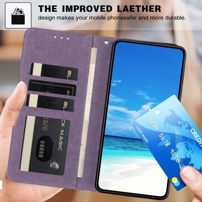 For iPhone 18 Pro Max Sunflower Embossed Vegan Leather Phone Case with Small Black Rope - Purple - EDA009154125C