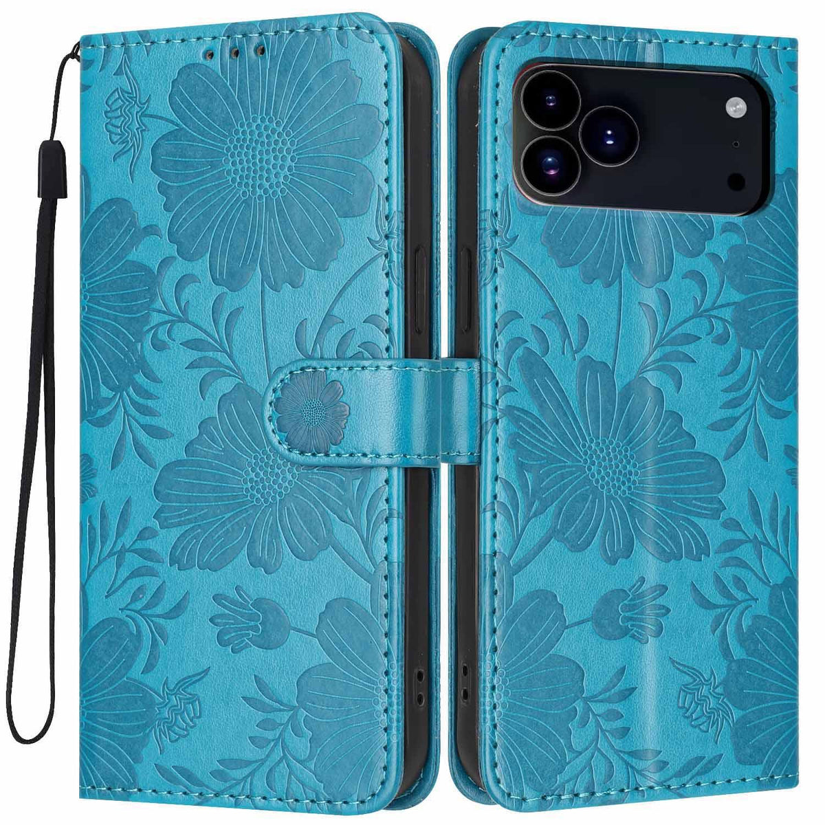 For iPhone 18 Pro Max Sunflower Embossed Vegan Leather Phone Case with Small Black Rope - Blue - EDA009154125D