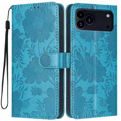 For iPhone 18 Pro Max Sunflower Embossed Vegan Leather Phone Case with Small Black Rope - Blue - EDA009154125D