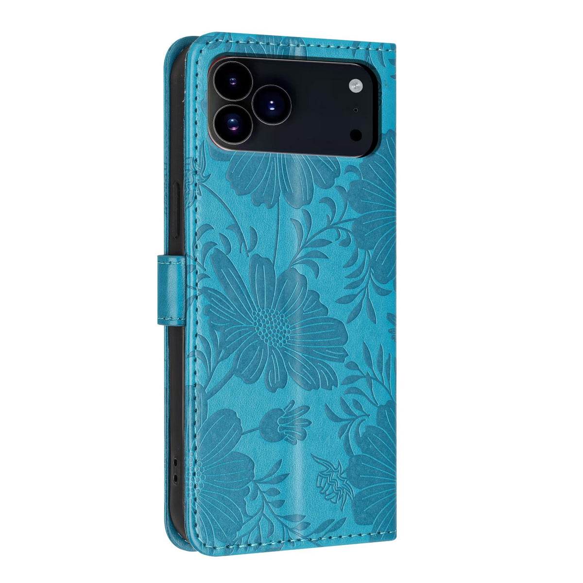 For iPhone 18 Pro Max Sunflower Embossed Vegan Leather Phone Case with Small Black Rope - Blue - EDA009154125D