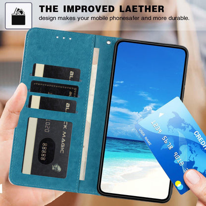 For iPhone 18 Pro Max Sunflower Embossed Vegan Leather Phone Case with Small Black Rope - Blue - EDA009154125D