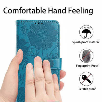 For iPhone 18 Pro Max Sunflower Embossed Vegan Leather Phone Case with Small Black Rope - Blue - EDA009154125D