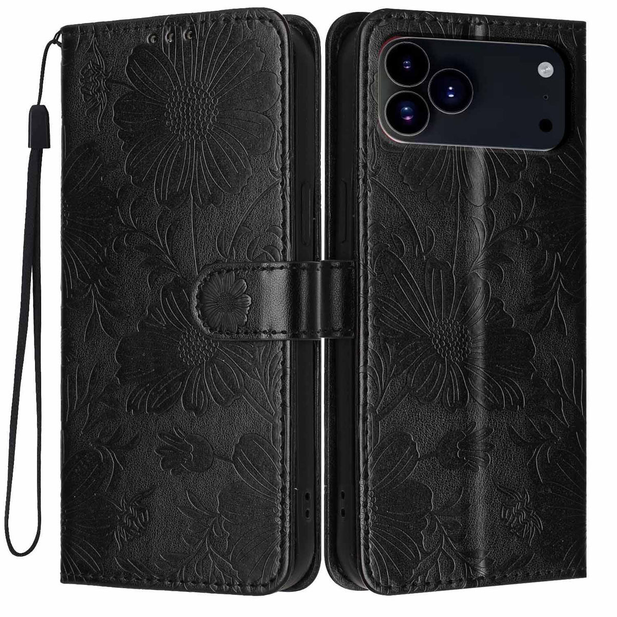 For iPhone 18 Pro Max Sunflower Embossed Vegan Leather Phone Case with Small Black Rope - Black - EDA009154125E