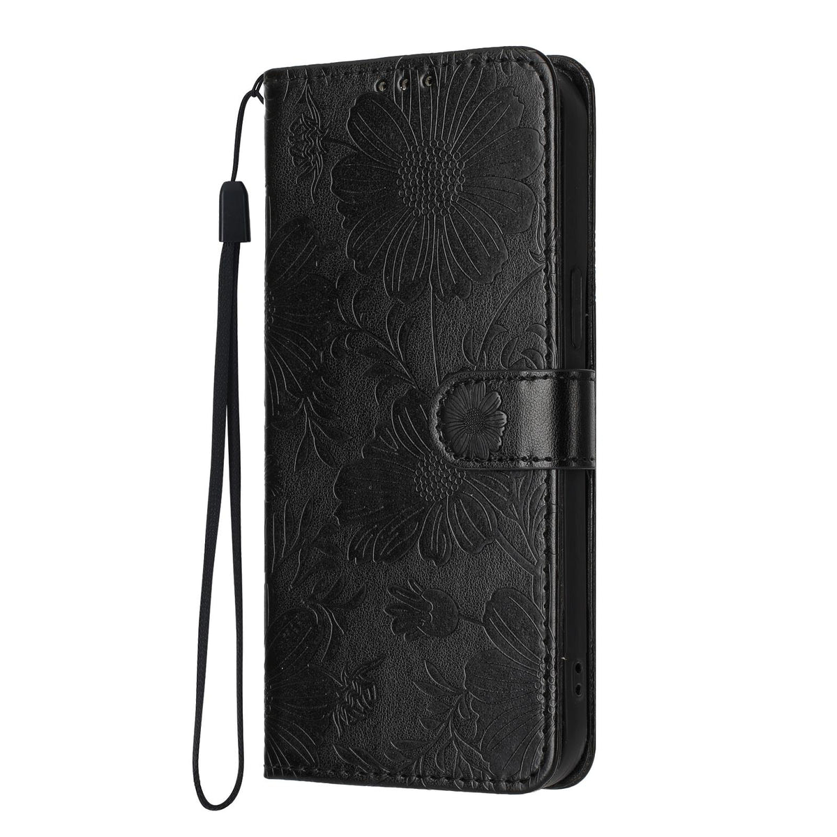 For iPhone 18 Pro Max Sunflower Embossed Vegan Leather Phone Case with Small Black Rope - Black - EDA009154125E