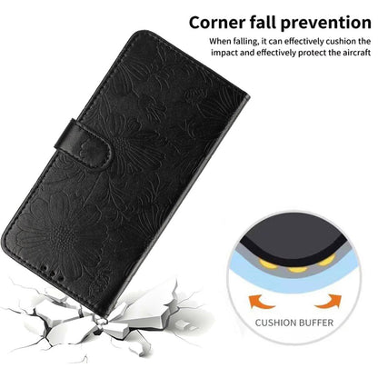 For iPhone 18 Pro Max Sunflower Embossed Vegan Leather Phone Case with Small Black Rope - Black - EDA009154125E