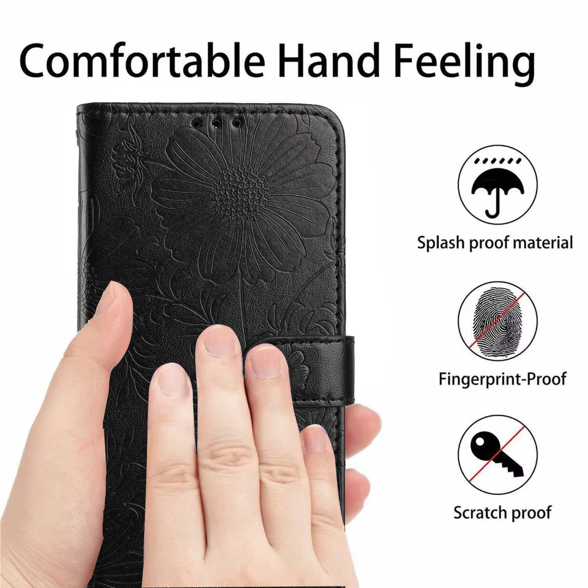 For iPhone 18 Pro Max Sunflower Embossed Vegan Leather Phone Case with Small Black Rope - Black - EDA009154125E