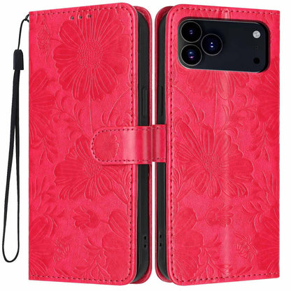 For iPhone 18 Pro Max Sunflower Embossed Vegan Leather Phone Case with Small Black Rope - Red - EDA009154125F