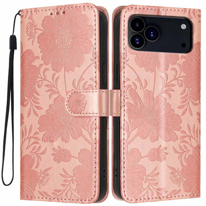 For iPhone 18 Pro Sunflower Embossed Vegan Leather Phone Case with Small Black Rope - Rose Gold - EDA009154126A