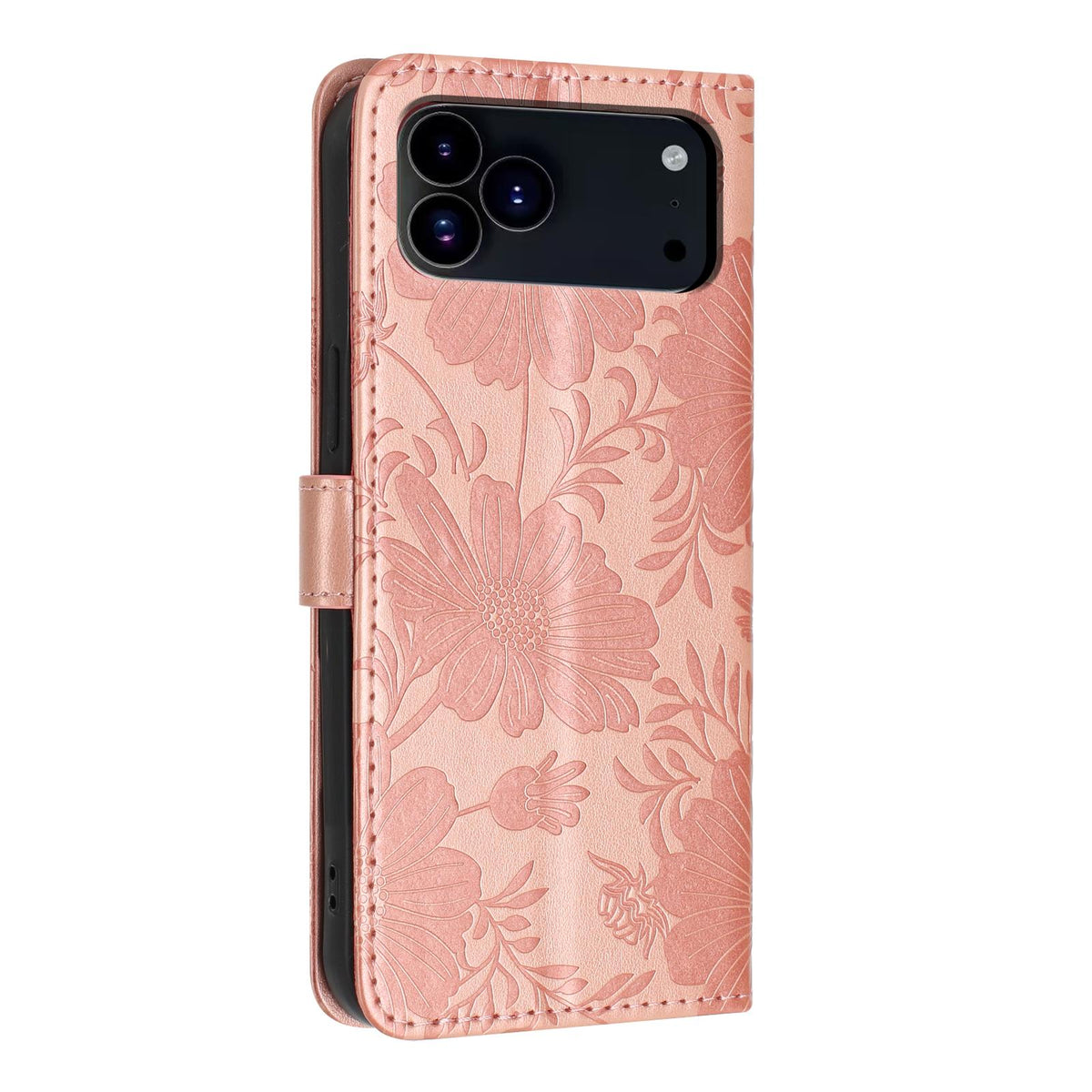 For iPhone 18 Pro Sunflower Embossed Vegan Leather Phone Case with Small Black Rope - Rose Gold - EDA009154126A