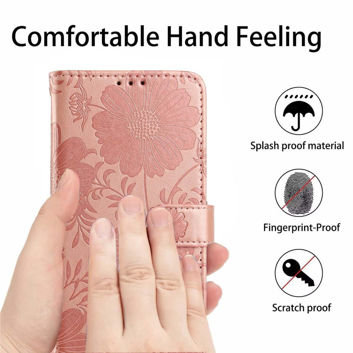 For iPhone 18 Pro Sunflower Embossed Vegan Leather Phone Case with Small Black Rope - Rose Gold - EDA009154126A