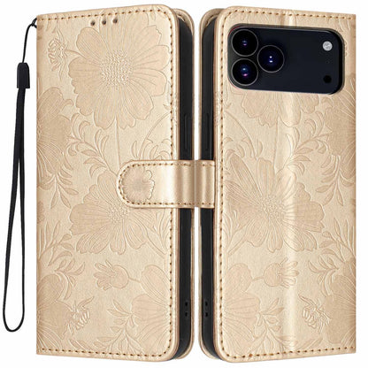 For iPhone 18 Pro Sunflower Embossed Vegan Leather Phone Case with Small Black Rope - Gold - EDA009154126B