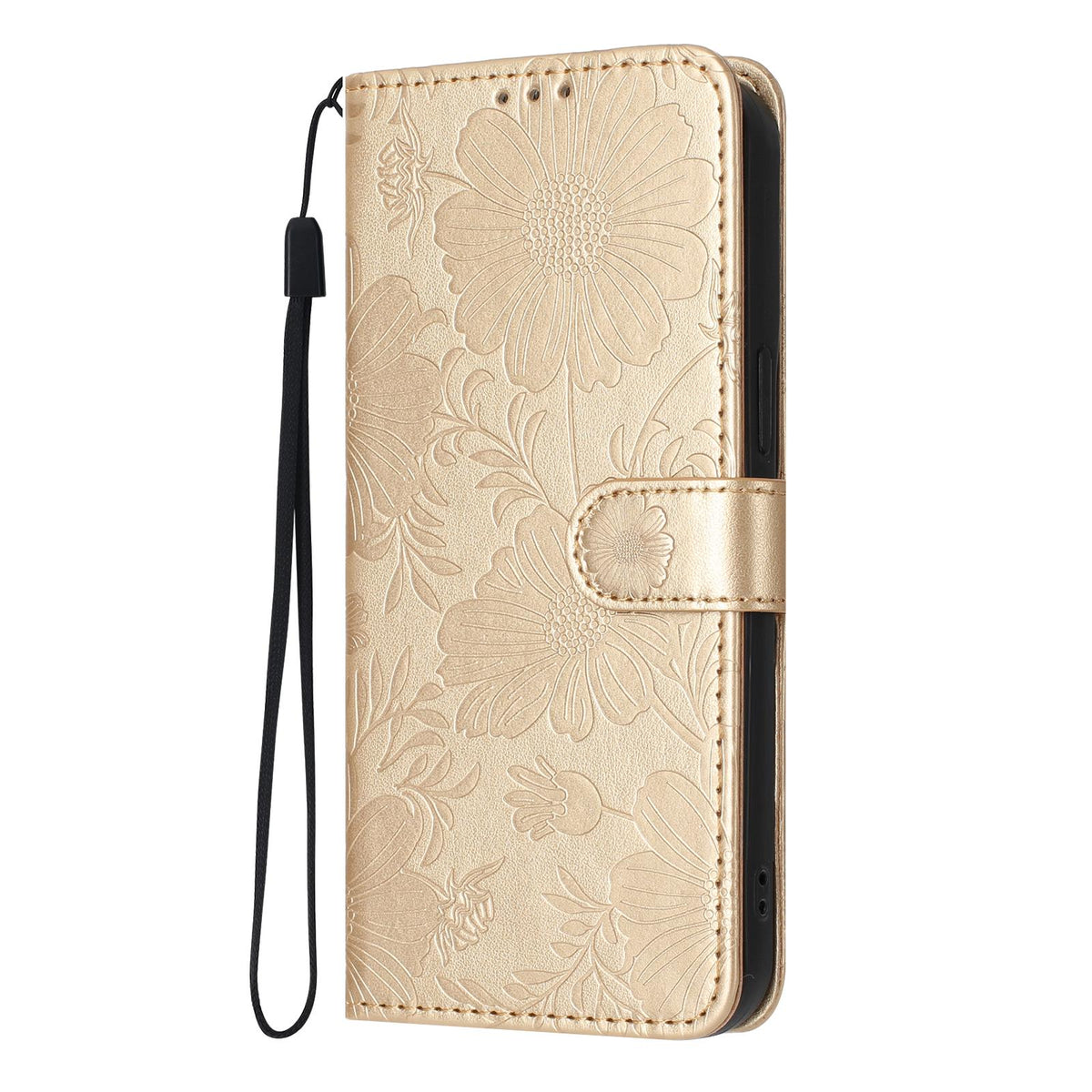 For iPhone 18 Pro Sunflower Embossed Vegan Leather Phone Case with Small Black Rope - Gold - EDA009154126B