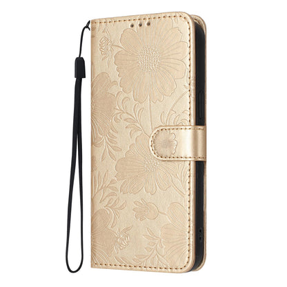 For iPhone 18 Pro Sunflower Embossed Vegan Leather Phone Case with Small Black Rope - Gold - EDA009154126B
