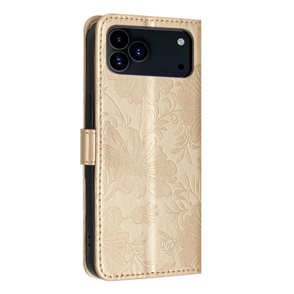 For iPhone 18 Pro Sunflower Embossed Vegan Leather Phone Case with Small Black Rope - Gold - EDA009154126B