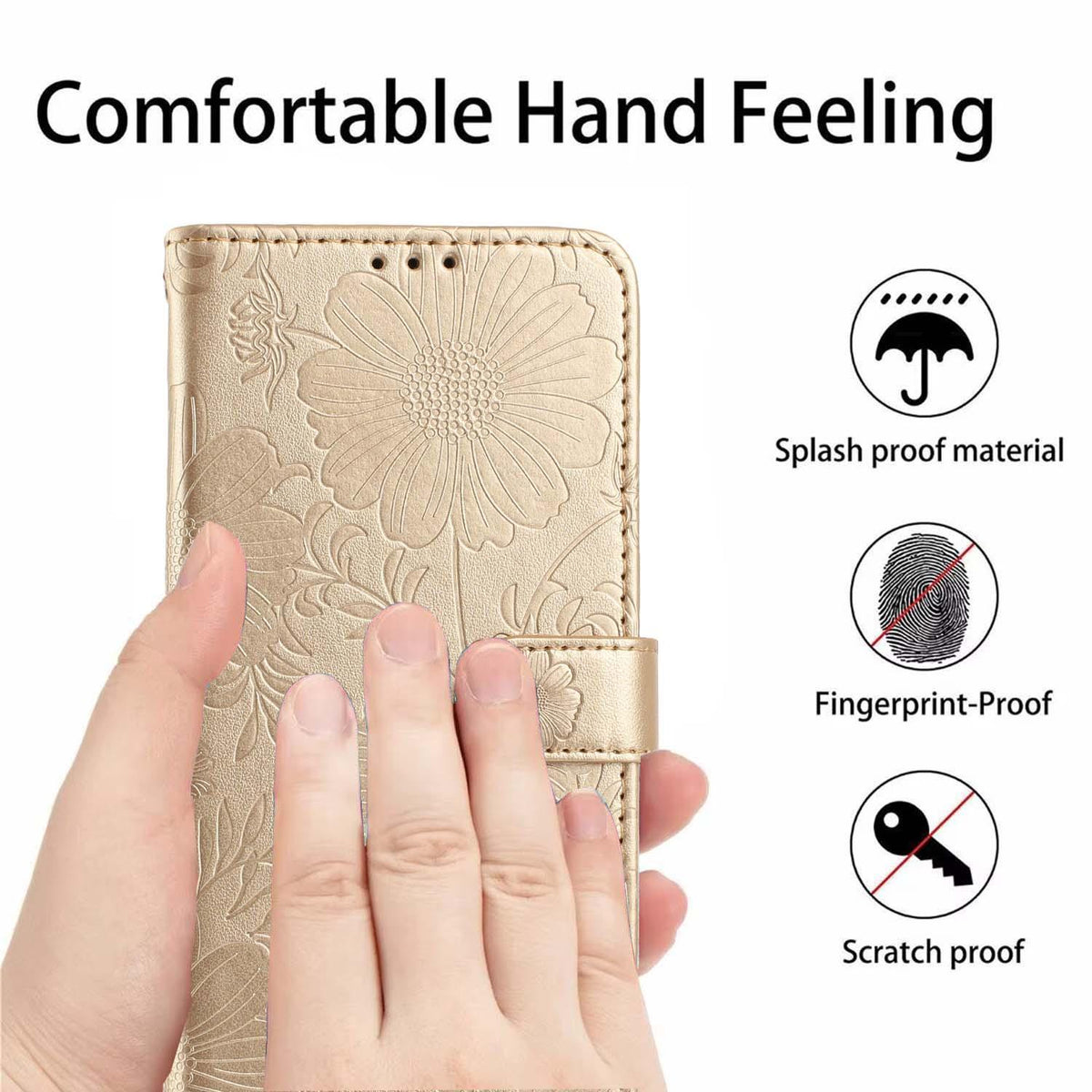For iPhone 18 Pro Sunflower Embossed Vegan Leather Phone Case with Small Black Rope - Gold - EDA009154126B