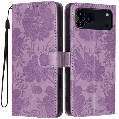 For iPhone 18 Pro Sunflower Embossed Vegan Leather Phone Case with Small Black Rope - Purple - EDA009154126C