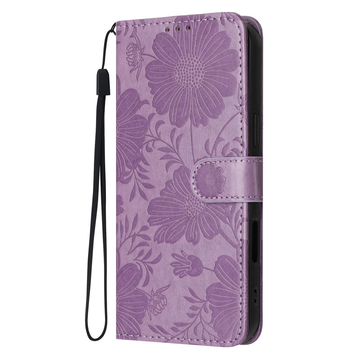 For iPhone 18 Pro Sunflower Embossed Vegan Leather Phone Case with Small Black Rope - Purple - EDA009154126C
