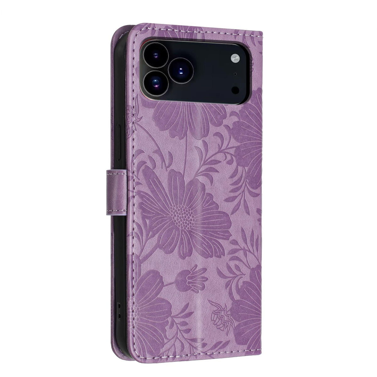 For iPhone 18 Pro Sunflower Embossed Vegan Leather Phone Case with Small Black Rope - Purple - EDA009154126C