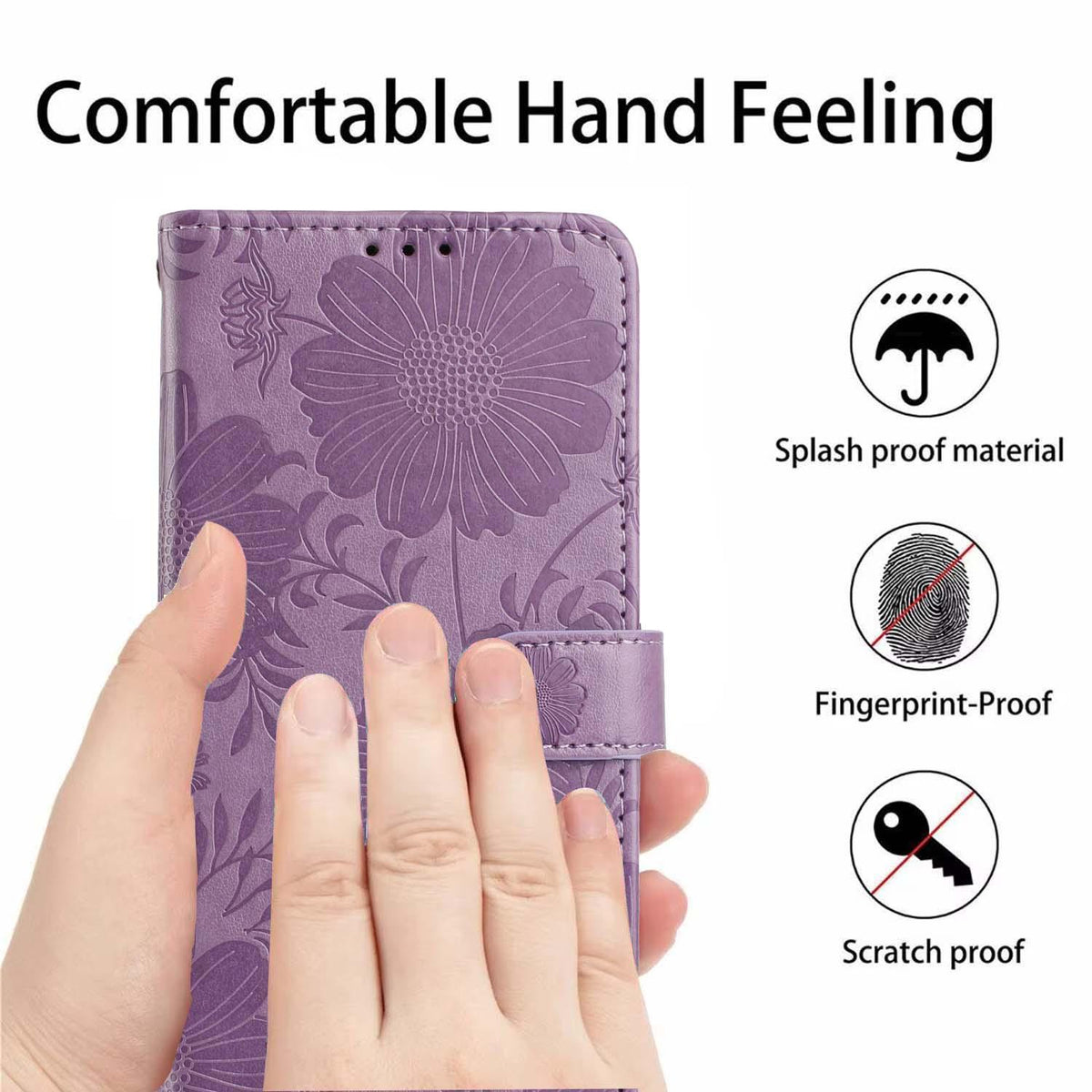 For iPhone 18 Pro Sunflower Embossed Vegan Leather Phone Case with Small Black Rope - Purple - EDA009154126C
