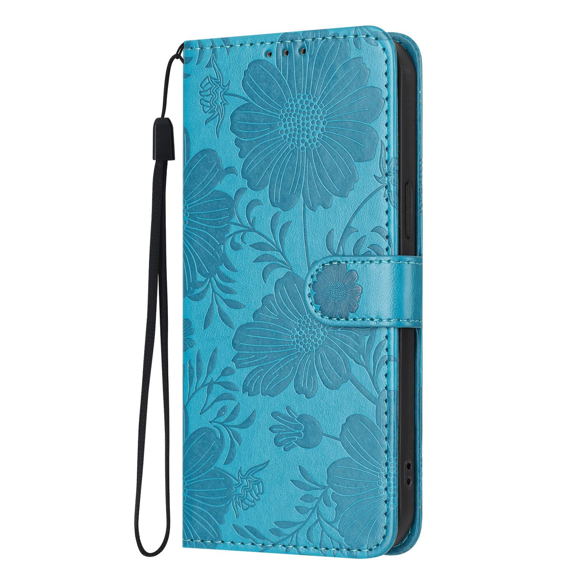For iPhone 18 Pro Sunflower Embossed Vegan Leather Phone Case with Small Black Rope - Blue - EDA009154126D