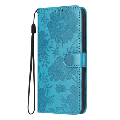 For iPhone 18 Pro Sunflower Embossed Vegan Leather Phone Case with Small Black Rope - Blue - EDA009154126D