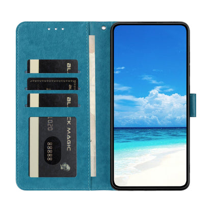 For iPhone 18 Pro Sunflower Embossed Vegan Leather Phone Case with Small Black Rope - Blue - EDA009154126D