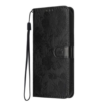 For iPhone 18 Pro Sunflower Embossed Vegan Leather Phone Case with Small Black Rope - Black - EDA009154126E