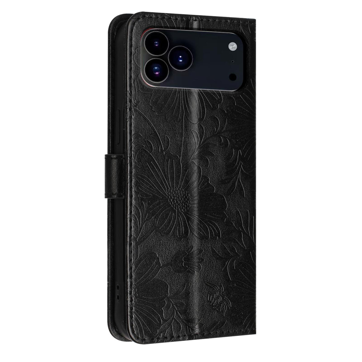 For iPhone 18 Pro Sunflower Embossed Vegan Leather Phone Case with Small Black Rope - Black - EDA009154126E